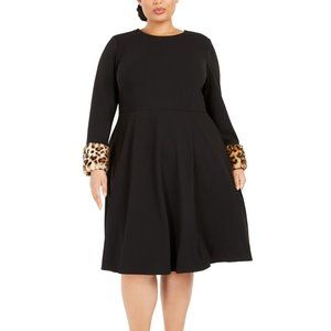 Black Leopard Faux Fur Trim Plus Size Sleeve Dress